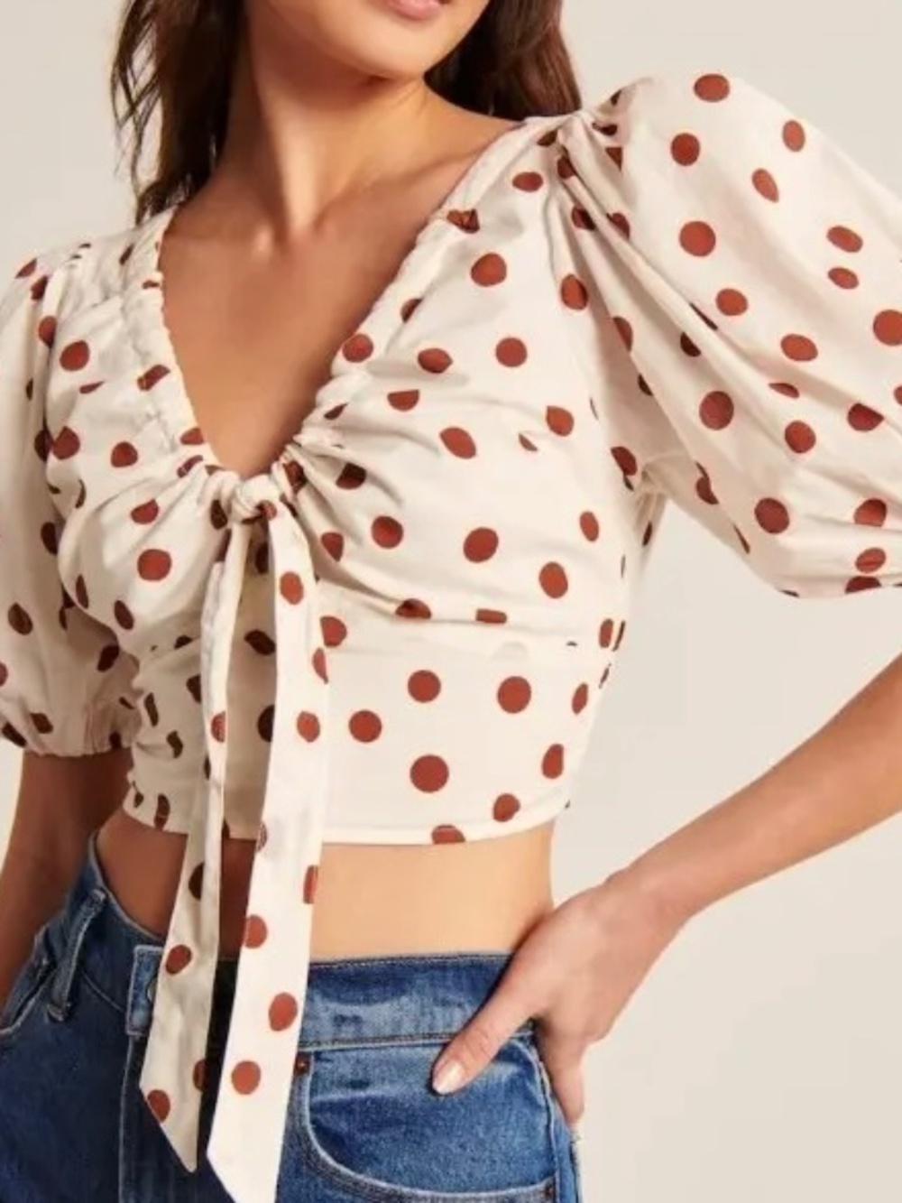 Abercrombie & Fitch Polka Dot Puff Sleeve Blouse Women's XS White Brown V-Neck.